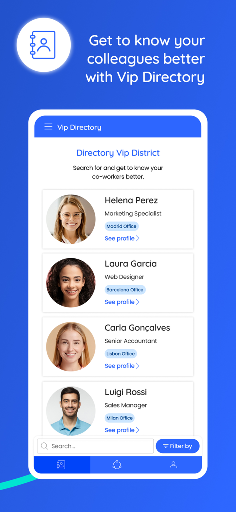 Vip District - Vip District app screen showing an employee directory with profiles and job titles of coworkers