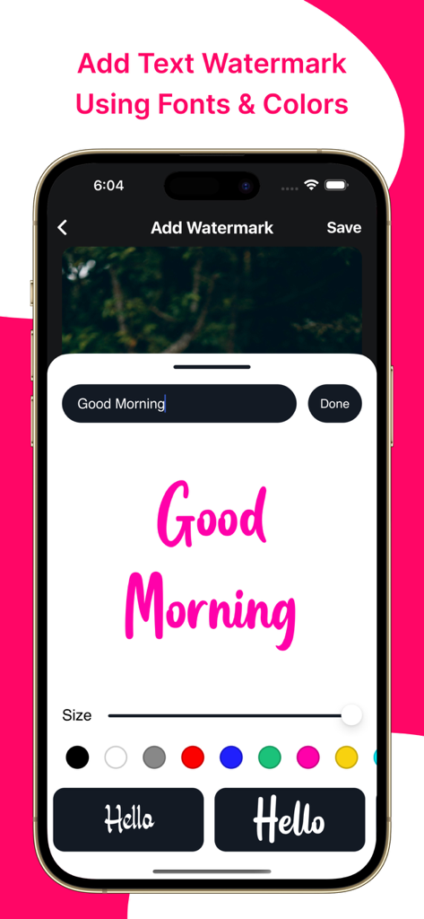 Add Watermark : Photo & Video - A mobile interface for adding a text watermark with custom fonts and color options