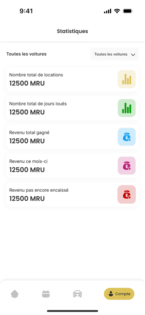Limo cars - 총 렌탈 및 수익 통계를 표시하는 리모카 앱 인터페이스