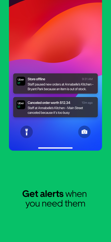 Uber Eats Manager - Notificaciones push en tiempo real para el estado del restaurante y pedidos cancelados en la pantalla de bloqueo de un móvil