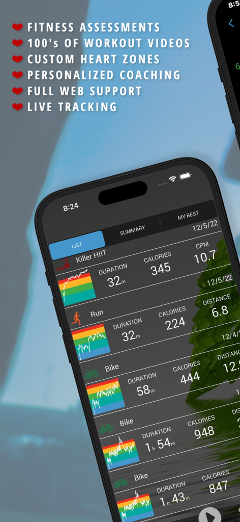 iCardio Workout Tracker - Smartphone screen showing the iCardio app workout history list with heart rate zone charts and activity metrics for HIIT running and cycling