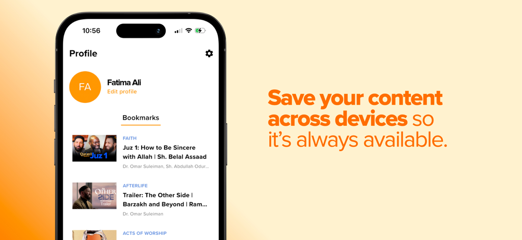 Yaqeen Institute - Yaqeen Institute app profile screen showing bookmarked Islamic research content and cross device sync feature