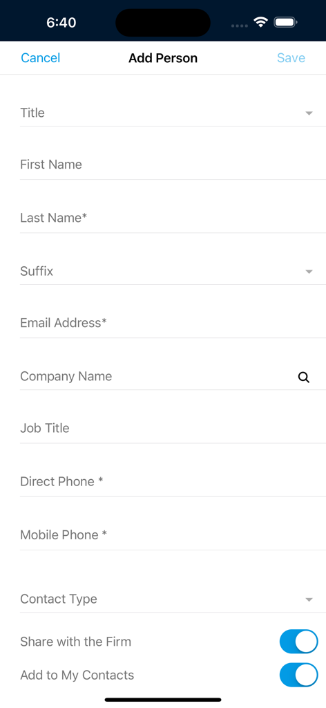 The Add Person form in the InterAction plus mobile app with fields for professional contact details