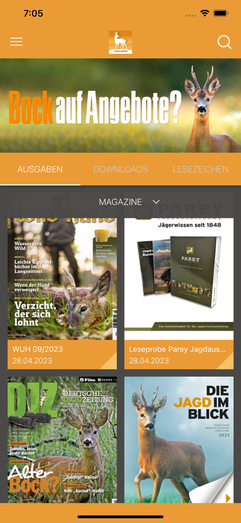 Jagdpresse app display showing covers of various hunting magazines