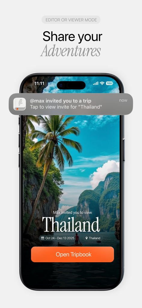 TripMemo | Travel Journal - A mobile phone screen showing a shared trip invitation for Thailand on the TripMemo app.