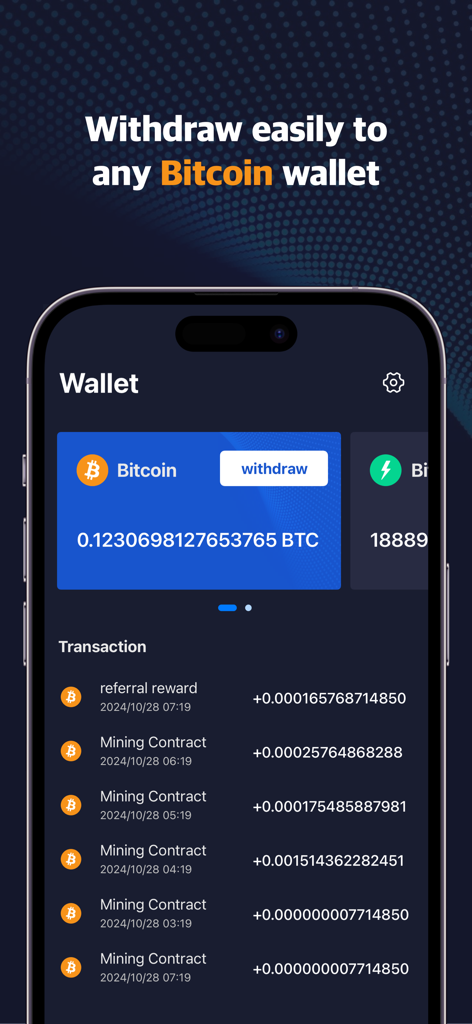 BitTycoon:BTC Cloud Mining - BitTycoon mobile app wallet showing Bitcoin balance and transaction history