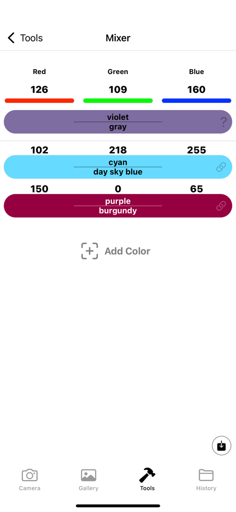 Colorimeter App - Interface da ferramenta misturadora do App Colorímetro mostrando valores RGB e nomes de cores para cinza violeta, ciano e borgonha