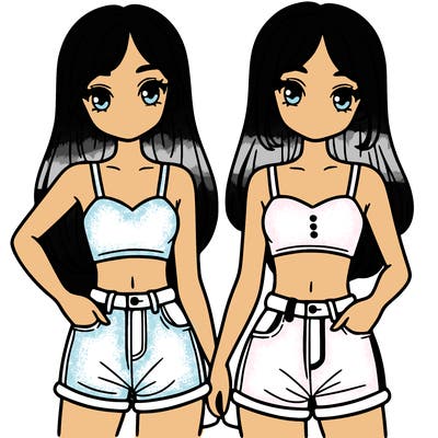 two sisters with crop tops and jean shorts and straight hair