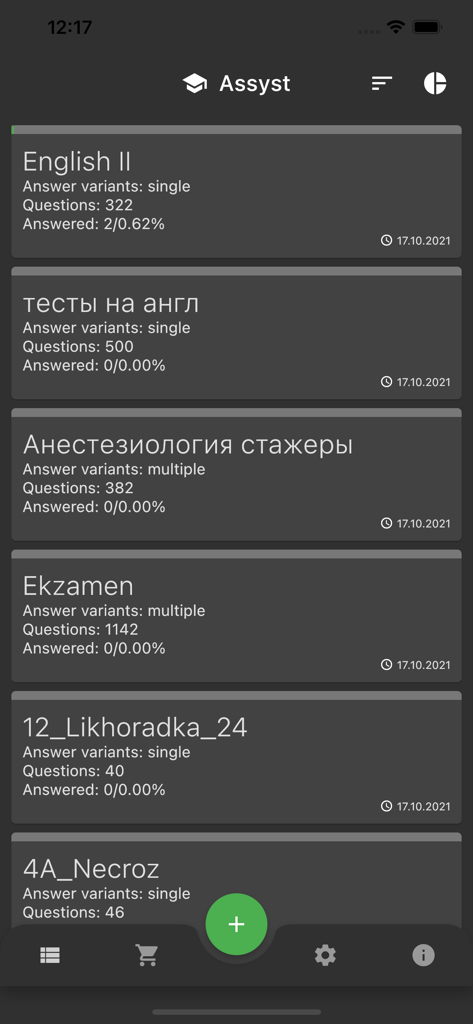 Assyst – testing and exams - Assyst app dashboard showing a list of exam modules with question counts and progress tracking