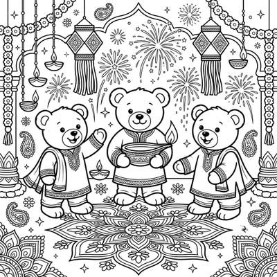 Join these charming teddy bears as they light up the Diwali festival with joy and tradition. This delightful coloring page is filled with intricate patterns and celebratory scenes, perfect for getting into the festive spirit.