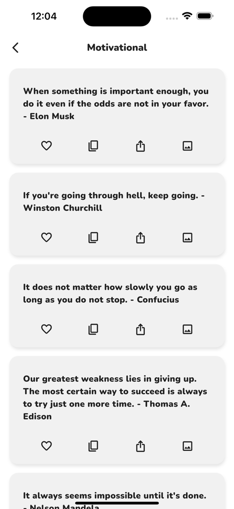 App-Bildschirm, der eine Sammlung von Zitaten berühmter Persönlichkeiten anzeigt, bereit zur Anpassung für soziale Medien.