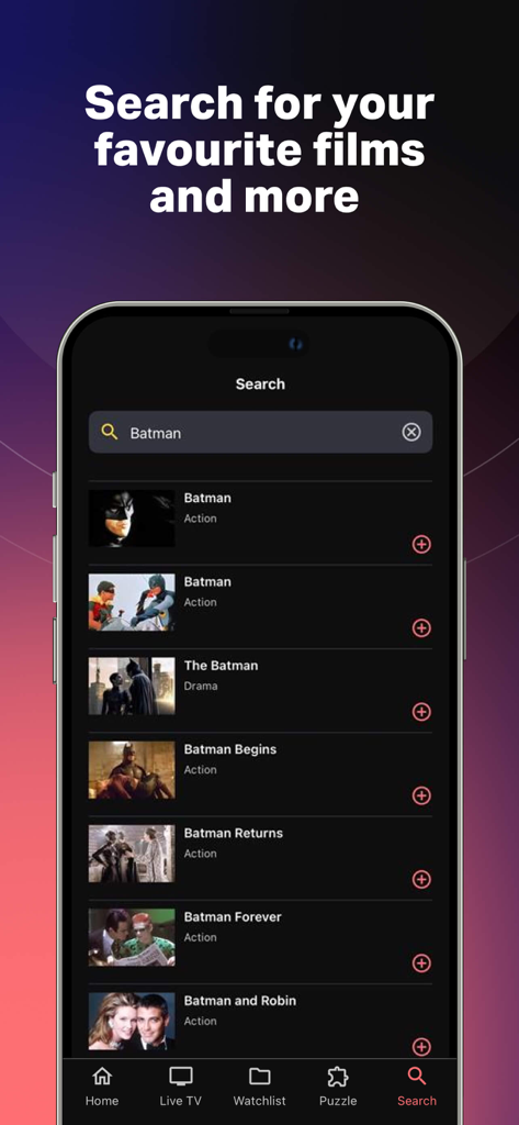 The search screen of the Radio Times app displaying a list of Batman movie results.