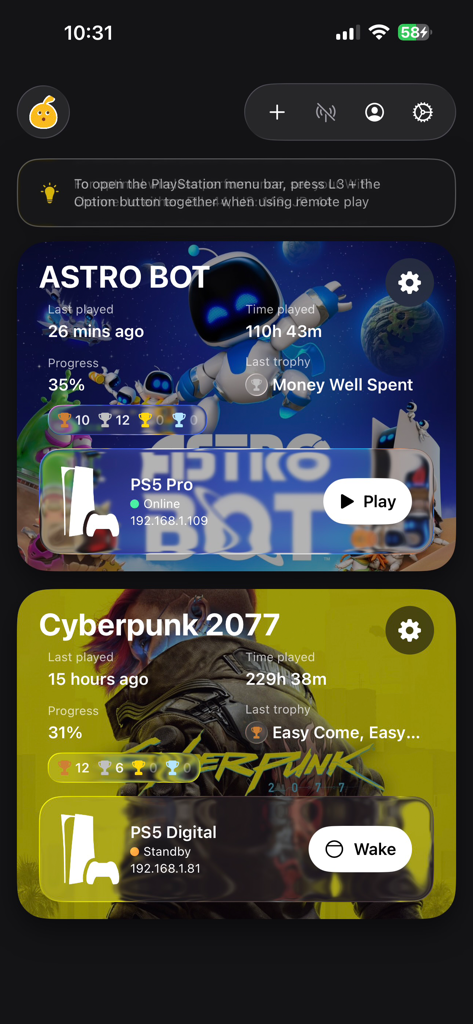 Asobi: Remote Play - Panel de la aplicación Asobi Remote Play que muestra el progreso del juego de PlayStation y el estado de la conectividad de la consola para Astro Bot y Cyberpunk 2077