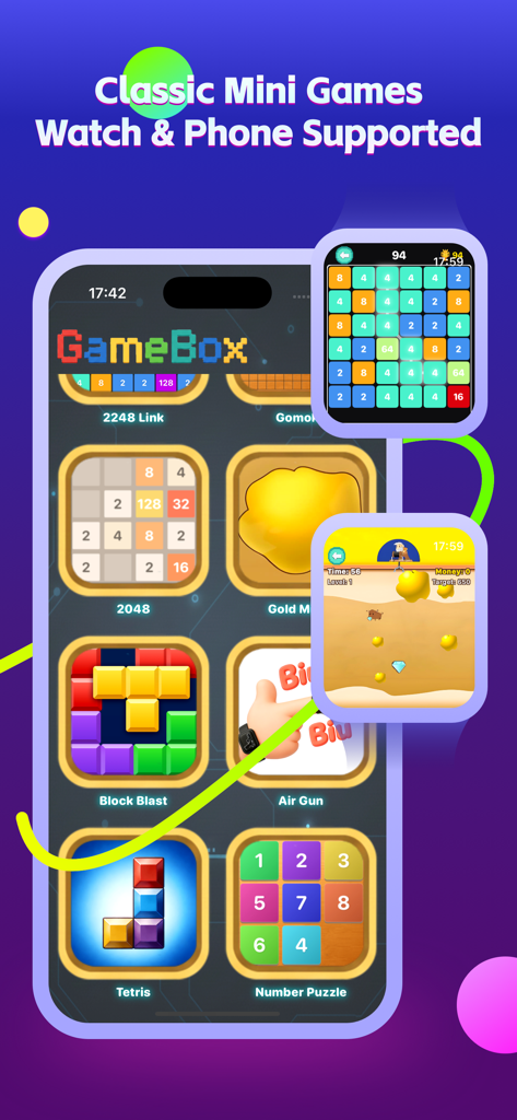 Games For Watch! - Interface of the Games For Watch app displaying a variety of classic mini games like Tetris and 2048 for iPhone and Apple Watch.