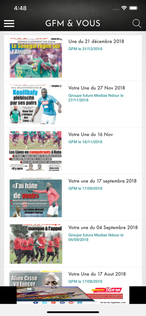 GFM & Vous - A list of news headlines and newspaper front pages in the GFM and Vous mobile application