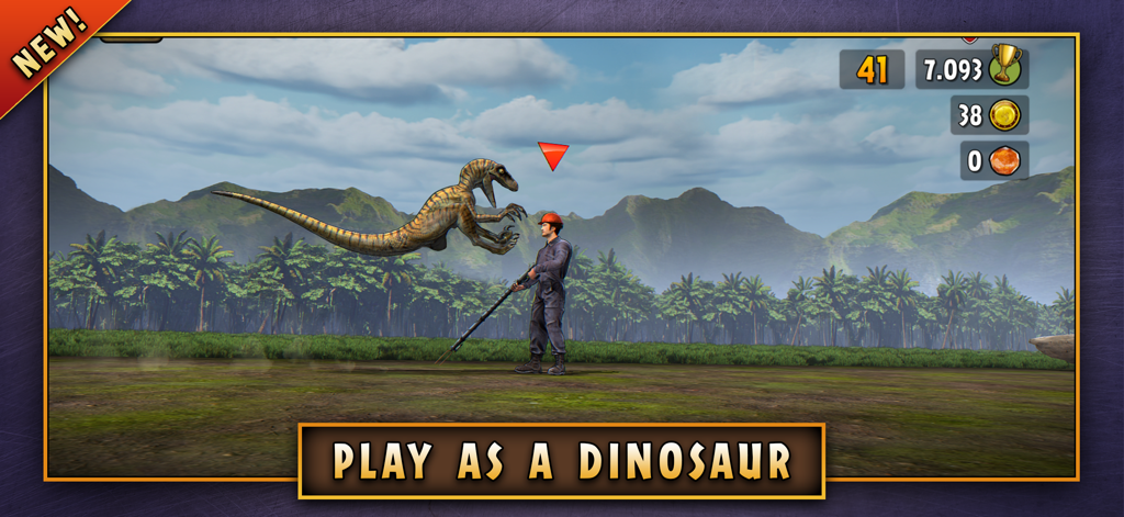 Jurassic Survivor: Evolved - Un velociraptor saltando hacia un humano en un entorno de jungla con el texto Juega como un Dinosaurio