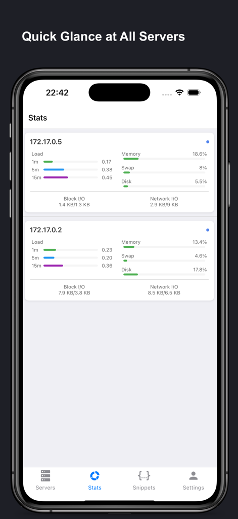 SSH Client Pro - Stats & Shell - Interface showing real-time server performance statistics for multiple servers in the SSH Client Pro app.