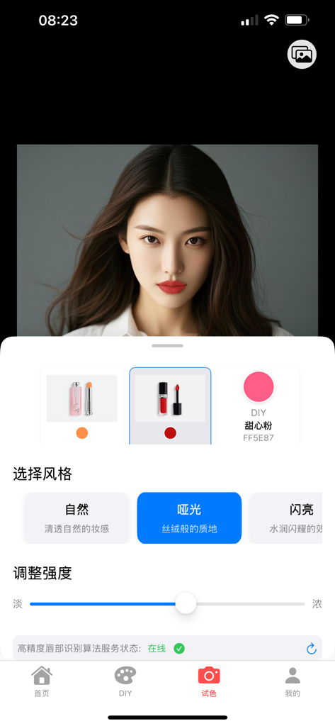 Lip Rainbow - 口红收集与在线试色 - Virtual lipstick try-on interface showing a matte red shade on a portrait within the Lip Rainbow app
