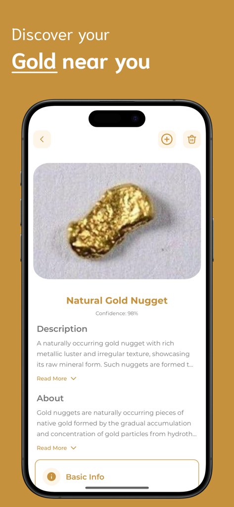 Gold Identifier - Mobile app screen showing a natural gold nugget identification with a ninety-eight percent confidence score and detailed description.