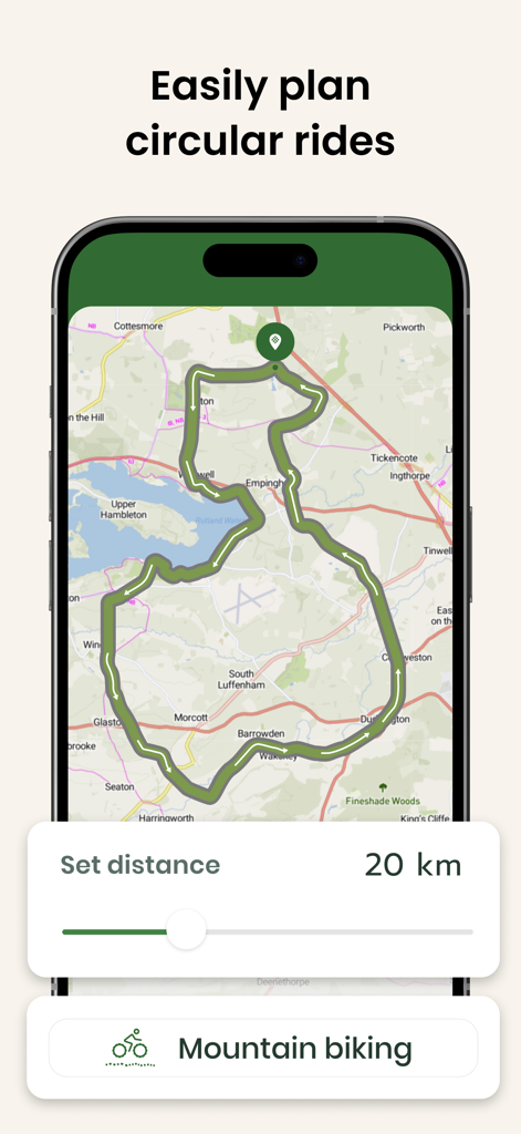 Cyclers: Bike Route Planner - Interfaz de la aplicación móvil mostrando una ruta circular de 20 km para bicicleta de montaña planificada en un mapa.