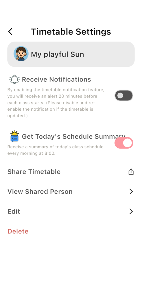 TokTok Timetable - Settings screen of the TokTok Timetable app showing notification and sharing options for students