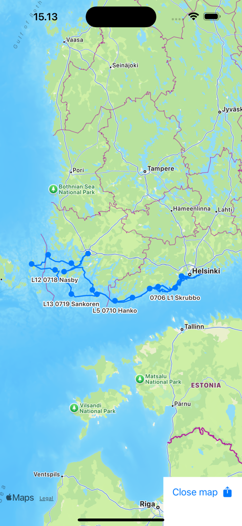 Map view displaying a blue GPX route track with waypoints along the coast