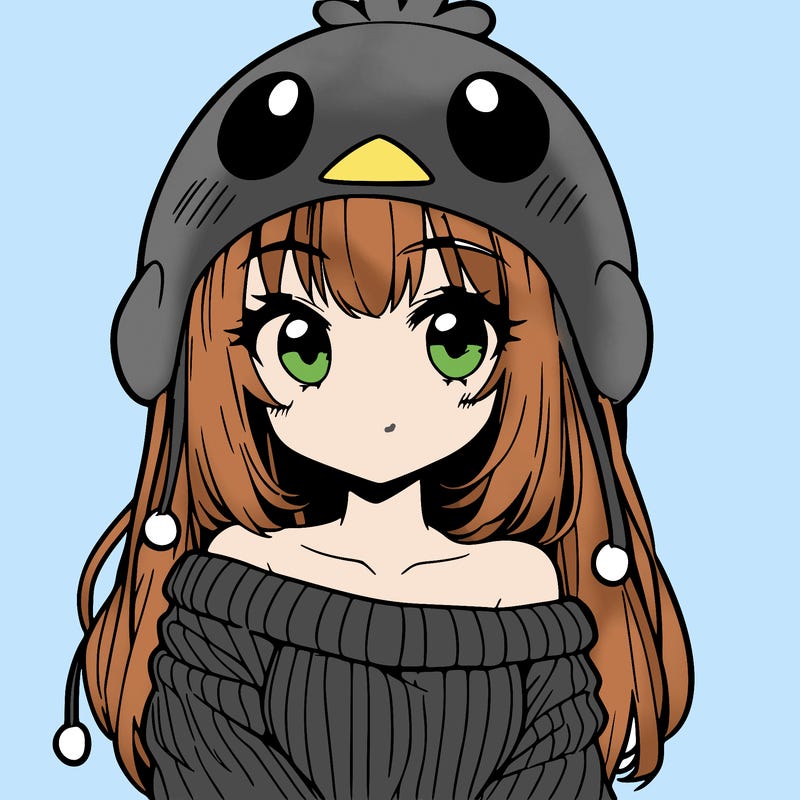anime girl with chick shaped hat with sweater with bare shoulders with bangs covering them one eye with low tail