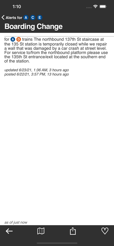 Underway: NYC Subway Transit - A service alert screen in the Underway NYC subway app showing a boarding change for A and D trains