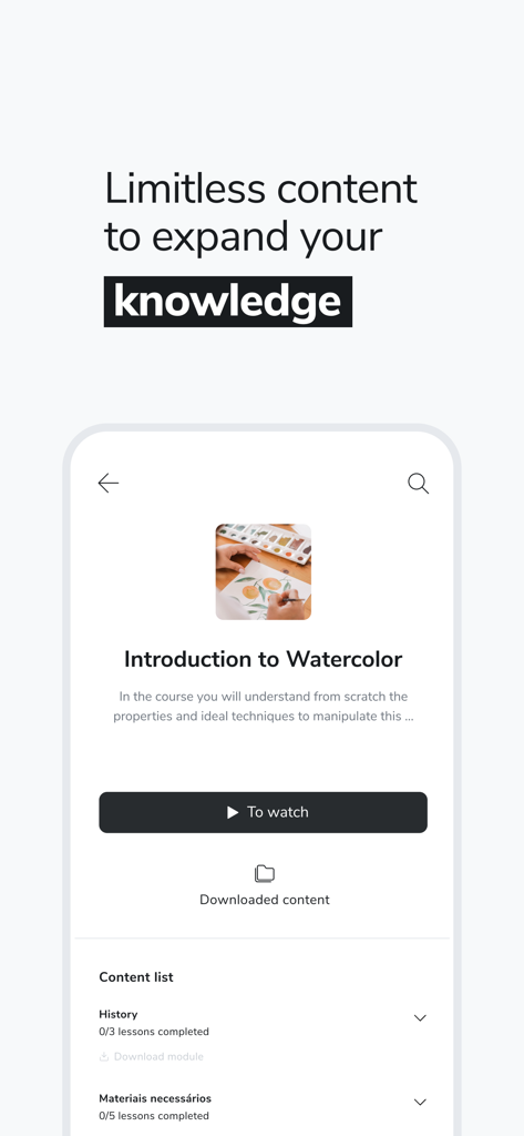 Screenshot of the Hotmart app interface displaying a watercolor painting course screen