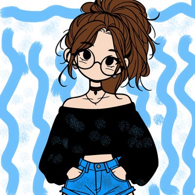 girl with a messy ponytail glasses a baggy crop top and jean shorts