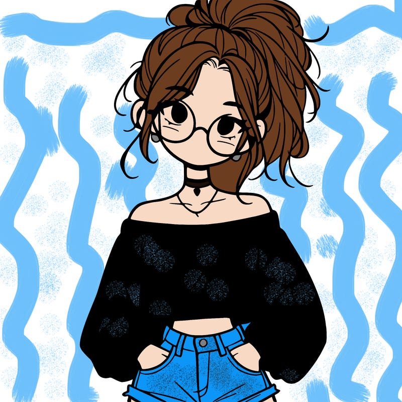 girl with a messy ponytail glasses a baggy crop top and jean shorts