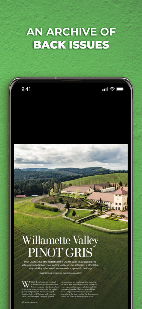 Decanter Magazine app displaying a digital wine article about Willamette Valley Pinot Gris from the back issues archive.