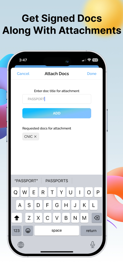 eZy Sign,Scan & Fill Documents - Interface móvel do aplicativo eZy Sign mostrando como solicitar anexos de documentos como um passaporte junto com uma assinatura.