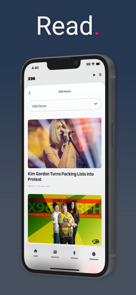 X96 mobile app interface showing news articles about alternative music and the Radio From Hell morning show on an iPhone.