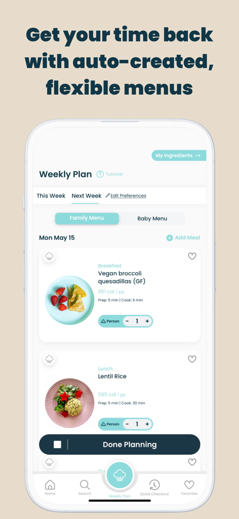 Pantalla de planificación de comidas semanales en la aplicación Little Lunches con recetas familiares y recuentos de calorías