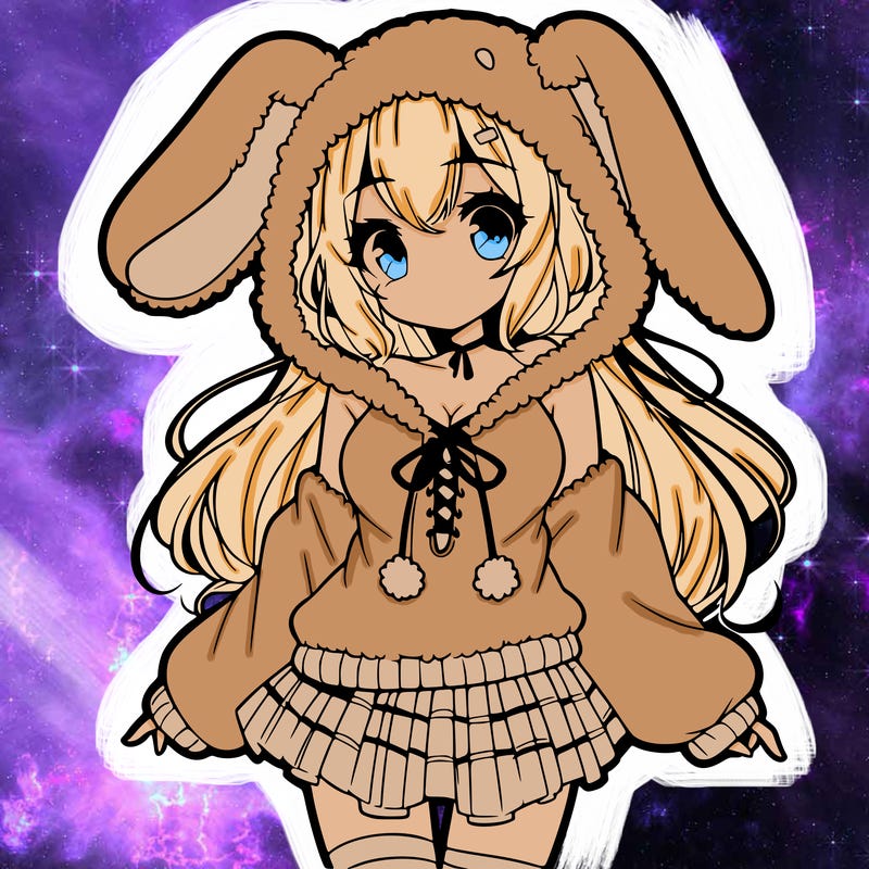 pretty anime girl wearing a fluffy hoodie with bunny ears on the hood and a skirt