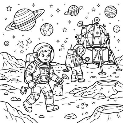 Join our brave Apollo Astronauts on an exciting mission to the moon with this captivating coloring page. Perfect for young space enthusiasts, it offers a fun way to explore the wonders of outer space and lunar landscapes.
