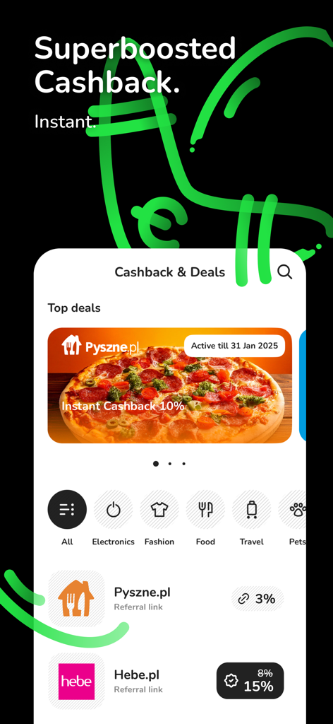 ZEN.COM – Mobile Wallet - ZEN.COM app interface showing instant cashback deals for food and retail partners