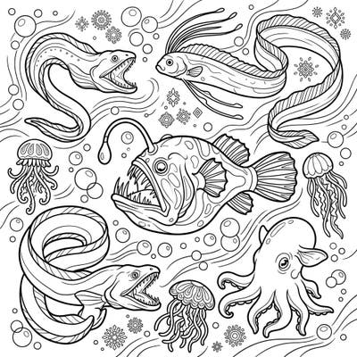 Explore the mysterious depths of the ocean with this captivating coloring page designed especially for teens. Featuring unique deep-sea creatures, it offers an exciting artistic challenge for undersea enthusiasts.