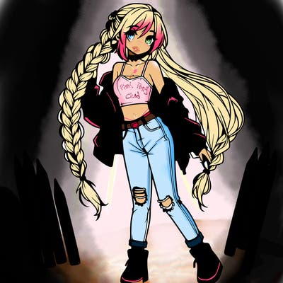 an anime themed girl with beautiful braid reaching their waist, they are wearing a cropped top and ripped jeans with high tops and a leather jacket