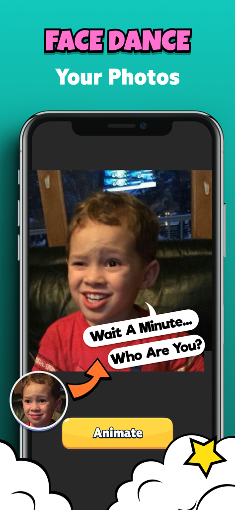 Prank - Funny Sounds,Simulator - Interfaz de aplicación móvil que muestra la función Face Dance para animar fotos con IA para bromas divertidas.