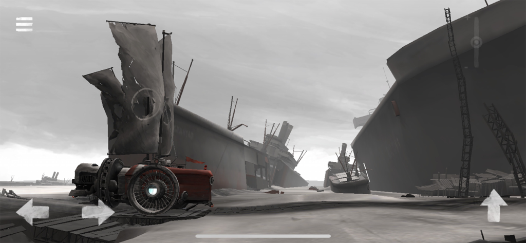 A red sail-powered vehicle exploring a grey post-apocalyptic seabed in FAR Lone Sails