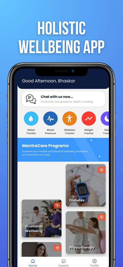 만트라케어 앱 홈 화면, 건강 추적기 및 특화된 웰빙 프로그램 포함