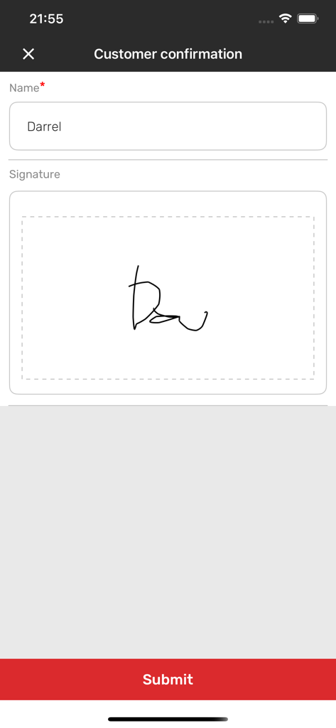 Bringg Driver App - Bringg Driver App customer confirmation screen with name and digital signature fields