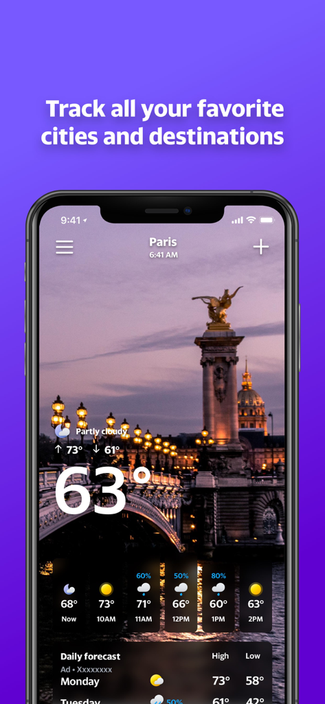 Yahoo Weather - Yahoo Weather app showing a beautiful photo of Paris with current temperature and hourly forecast