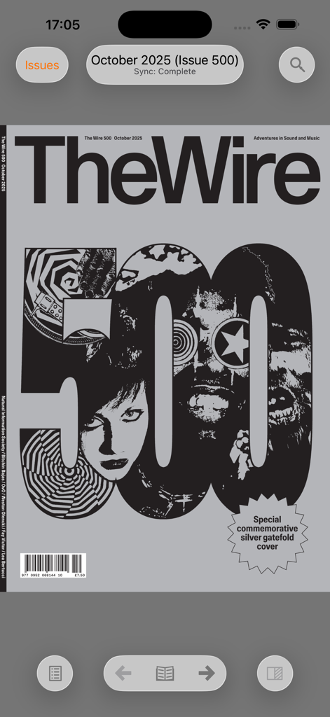 The Wire - Ein digitales Cover der 500. Ausgabe des The Wire Magazins, angezeigt in der Benutzeroberfläche der mobilen App.