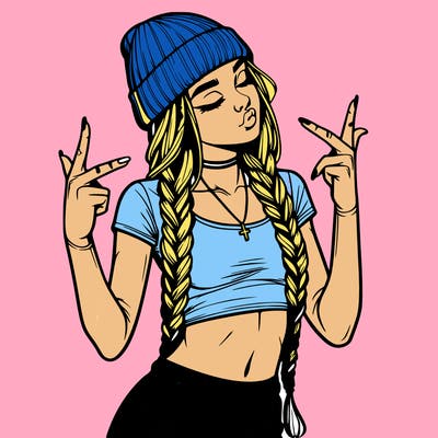 realistic teenage girl with braids and a beanie and crop top doing 🫶🏼