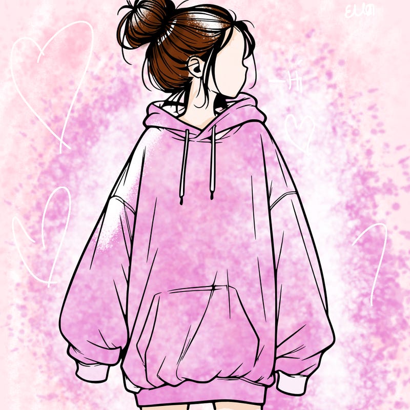 realistic girl with a oversized sweatshirt on and a bun