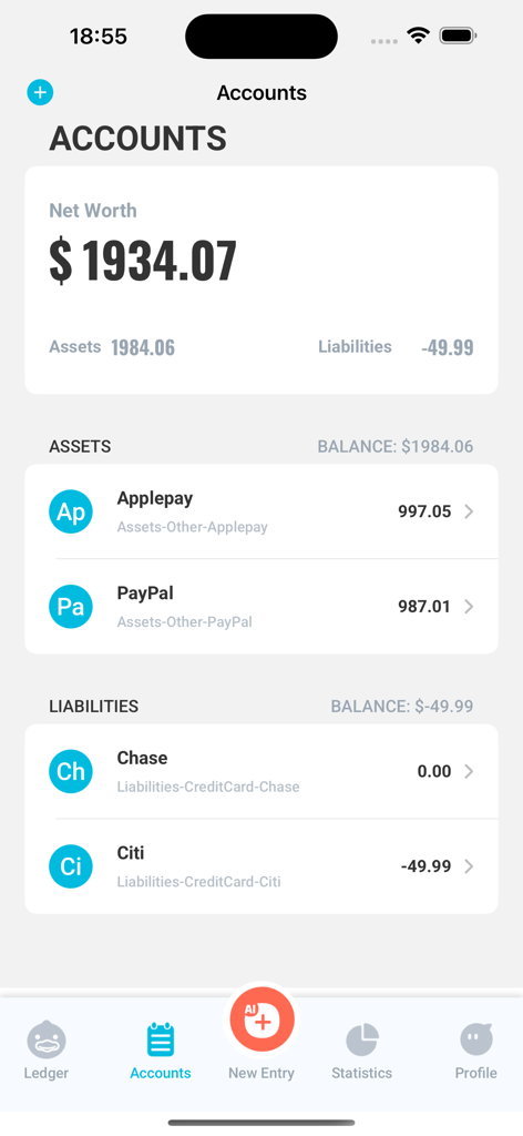 QuackBooks: AI Bookkeeper - Captura de pantalla de la aplicación QuackBooks que muestra el resumen del patrimonio neto y una lista de activos y pasivos, incluidos los saldos de Apple Pay y PayPal