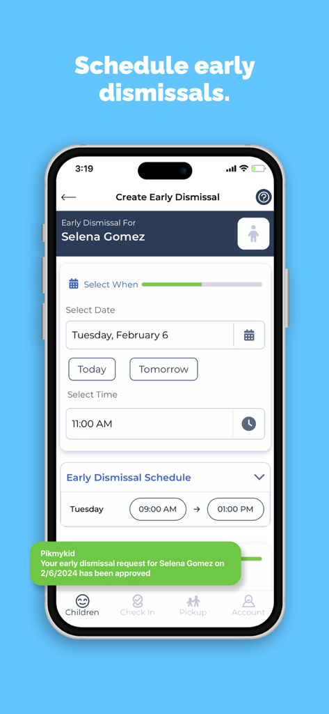 Pikmykid Parent app interface for scheduling and confirming early school dismissal